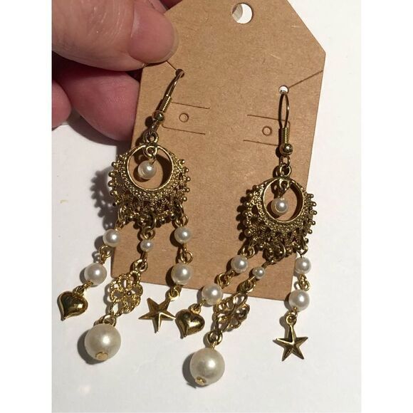 Vintage Boho Faux Pearl Chandelier Earrings - Picture 4 of 6